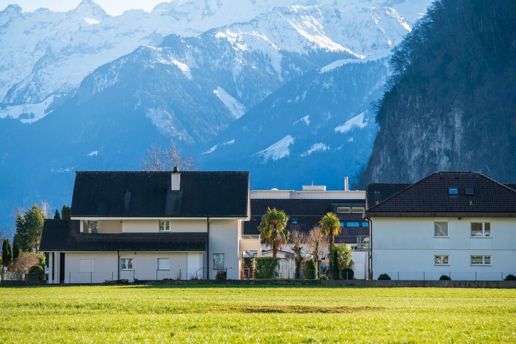 mountains, building, brunnen, sunshine, nature, switzerland